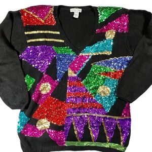 Vintage Christina Bright Women's Dopamine Sequins Sweater Black Knit Med